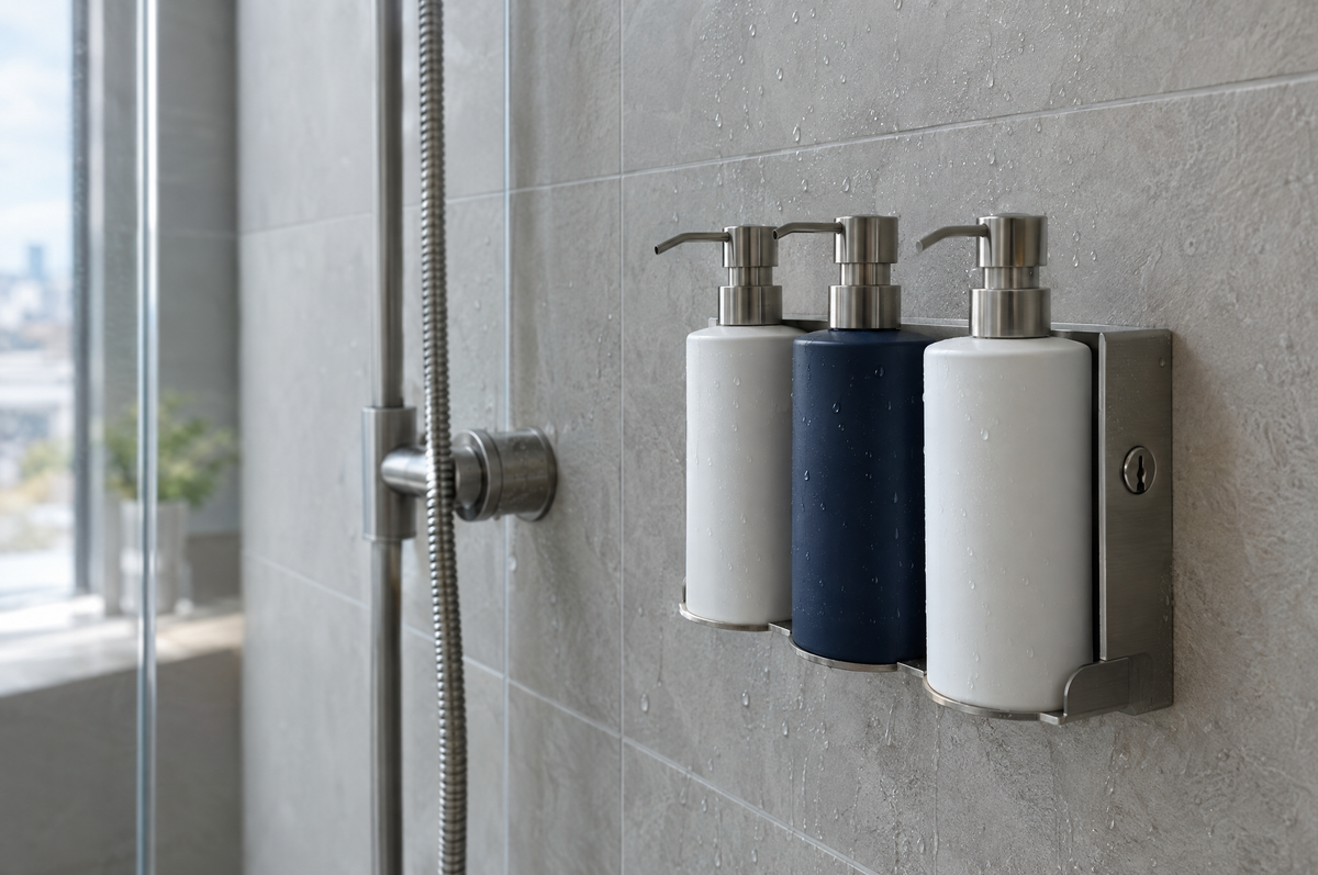 Refillable pump bottles held in a lockable wall bracket in a hotel shower