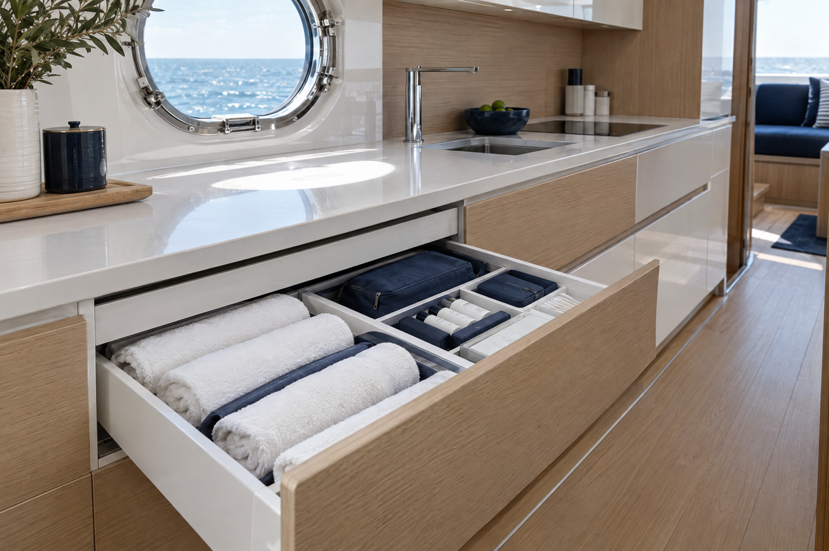 Luxury yacht galley drawer with rolled white towels and amenity kits stowed in fitted compartments
