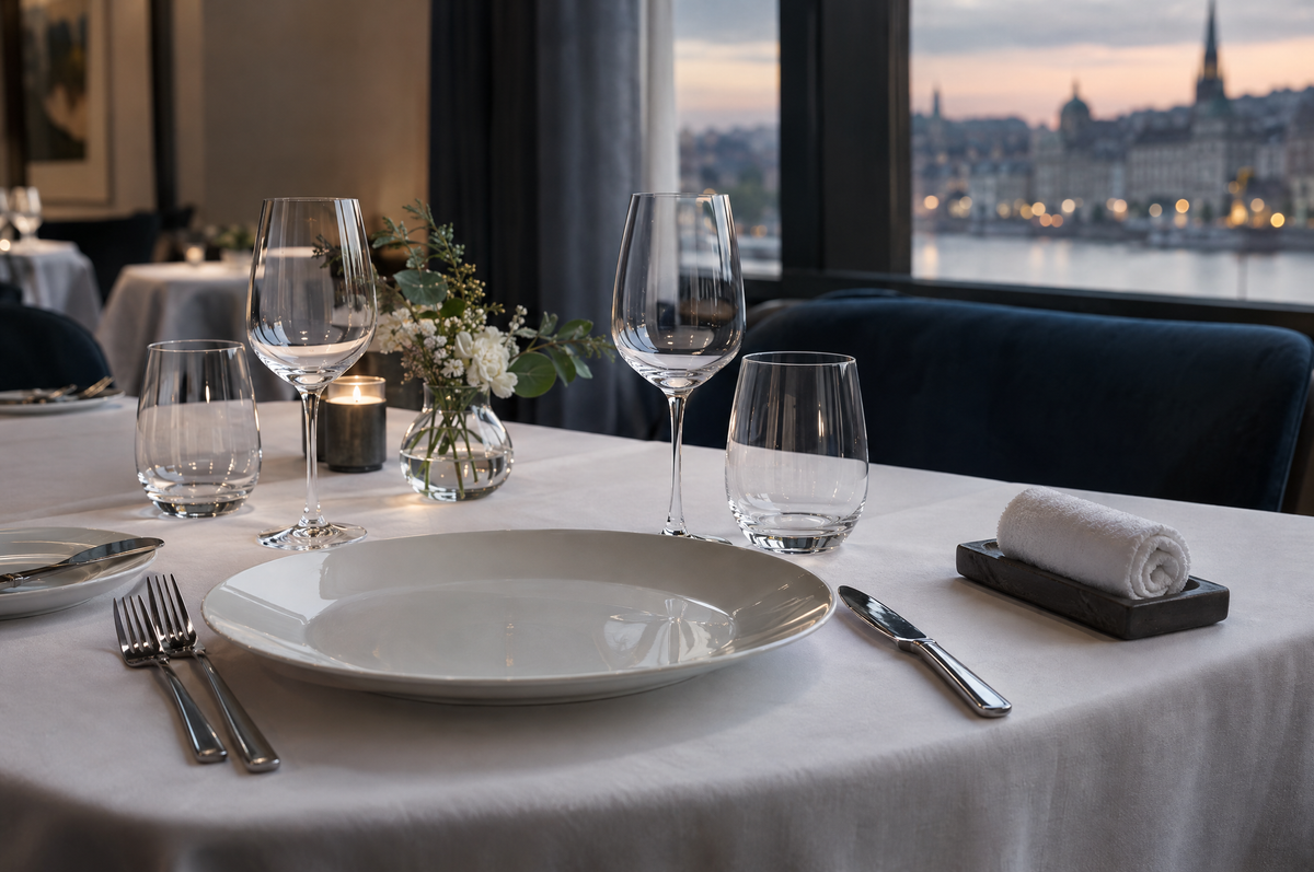 Restaurant table with porcelain plates, steel cutlery, glassware and a rolled hot towel on a small tray
