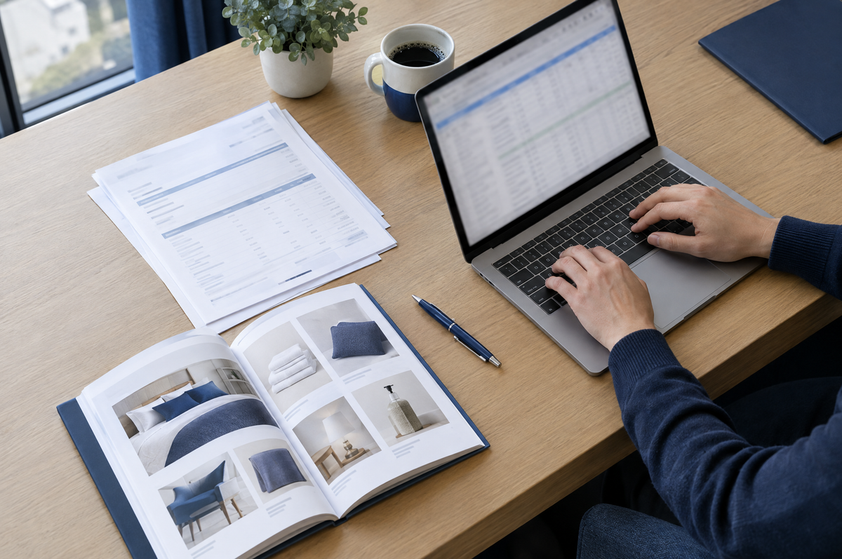 Hotel buyer at a back office desk with laptop, invoices and an open supplier catalogue
