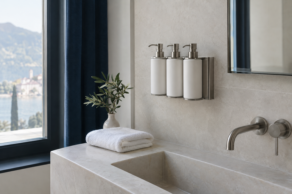 Hotel bathroom vanity with wall mounted refillable amenity dispensers instead of miniature bottles