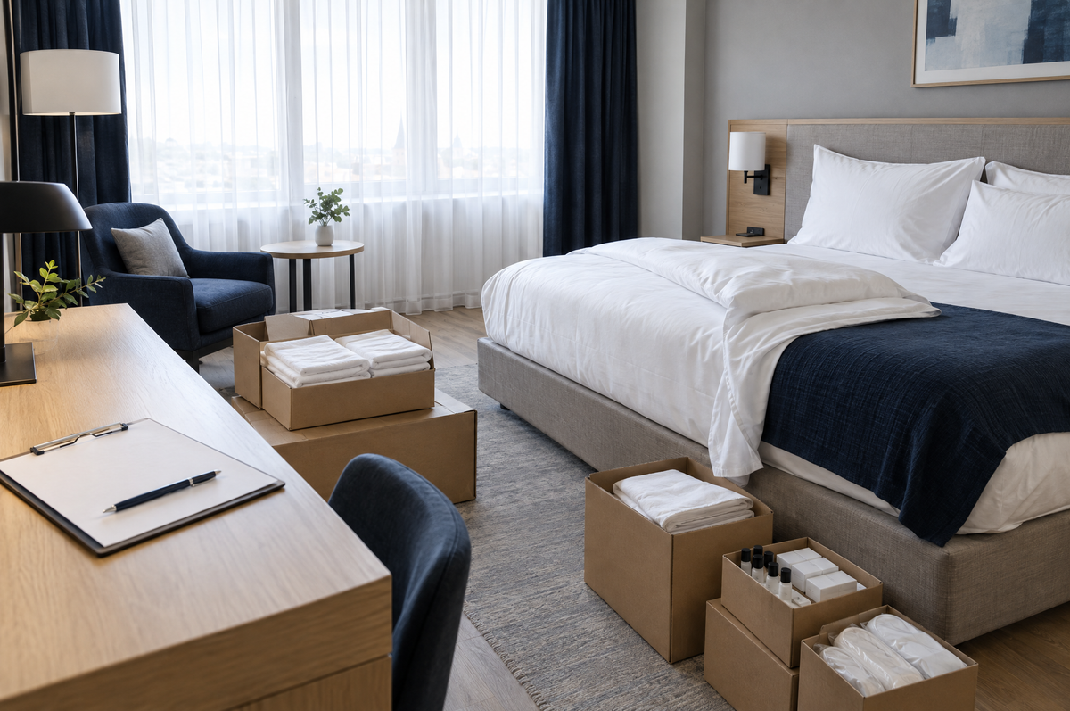 New hotel guest room being set up before opening, with boxes of linen and amenities and a checklist