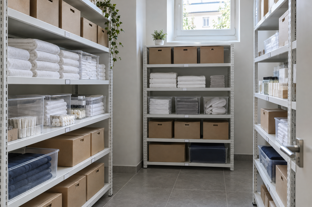 Tidy boutique hotel storeroom with cartons of towels and guest amenities on white shelving
