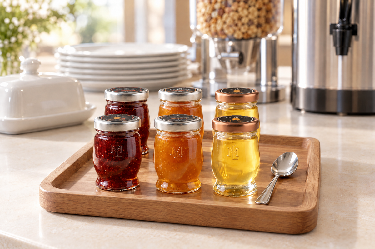 Hotel breakfast counter with small glass jars of jam and honey on a wooden tray instead of plastic portion packs