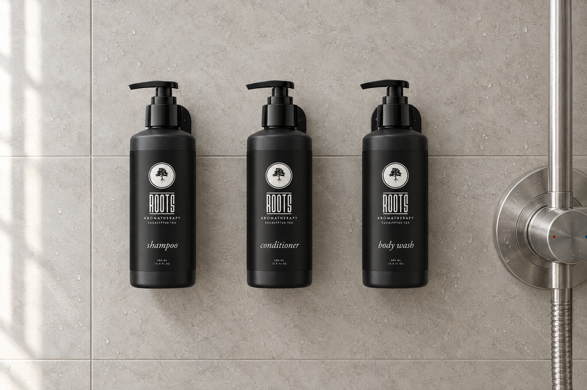 Roots Upscale Black 380 ml shampoo, conditioner and body wash bottles held by black wall brackets in a hotel shower