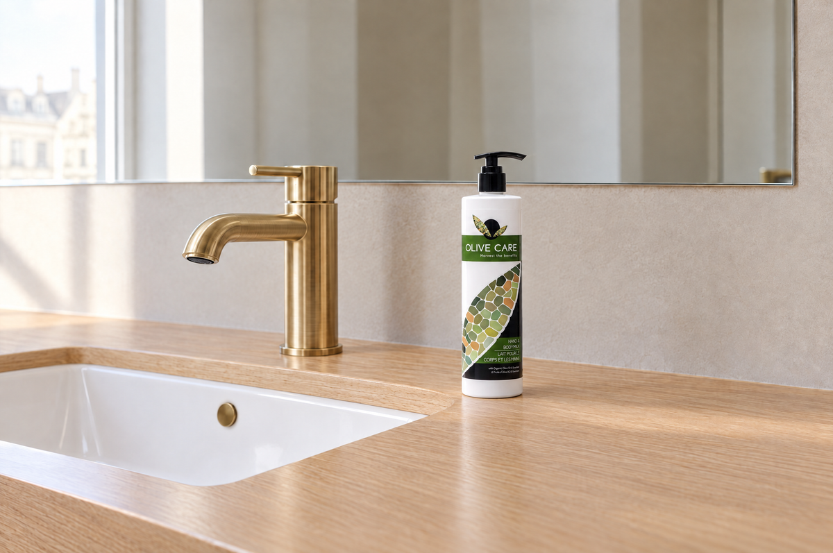 Olive Care 440 ml hand and body milk pump bottle beside a washbasin on an oak hotel vanity