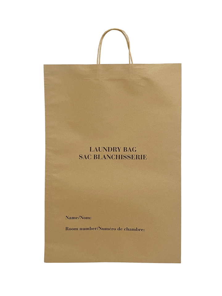 Brown laundry bag with black text on a brown background
