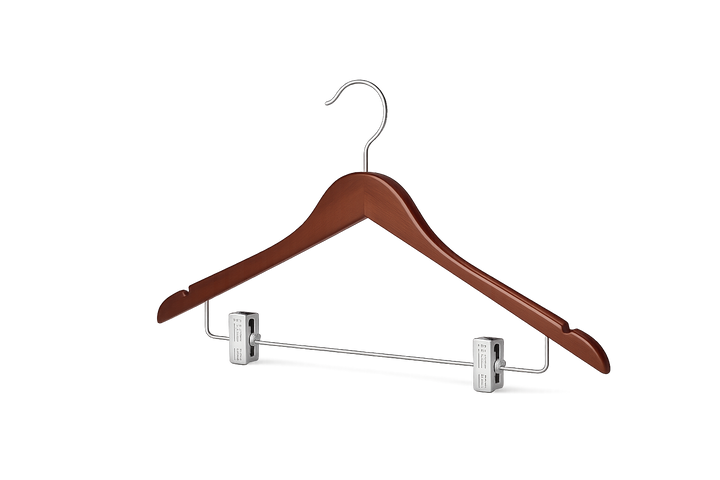 Wooden hanger with chrome hardware on a white background