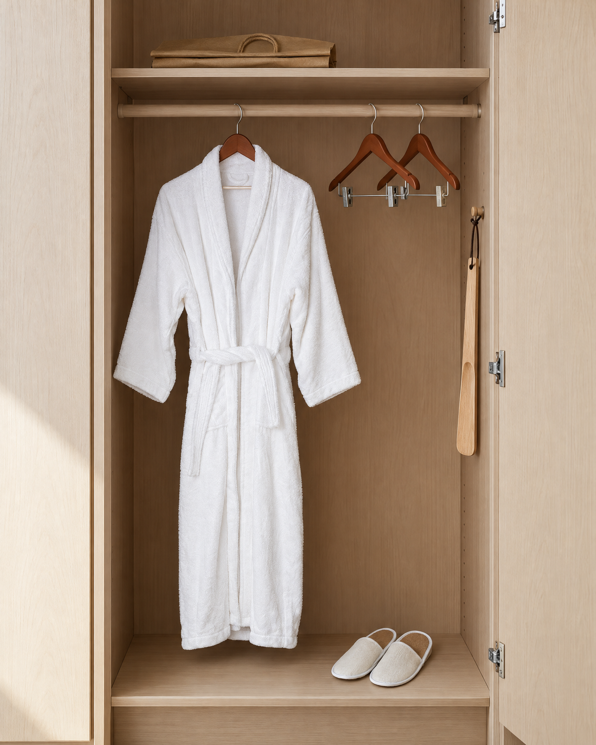 Hotel wardrobe with a cotton terry bathrobe, wooden hangers, linen slippers, shoe horn and kraft laundry bag