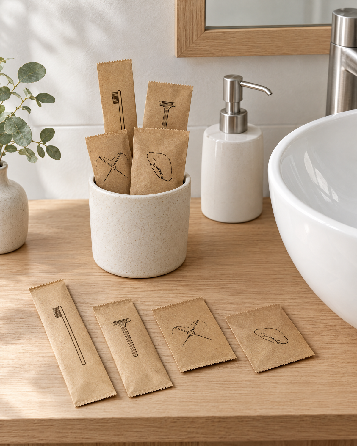 Kraft paper amenity sachets on a guest bathroom shelf