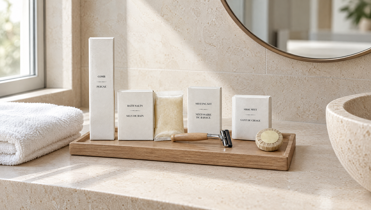 Pre-cut FSC paper box amenities on a hotel bathroom vanity