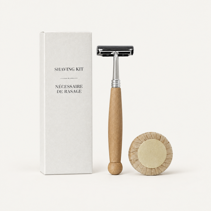 Luxury Pre-Cut FSC Paper Box Shaving Kit with Wooden Razor – Box of 200, studio photo