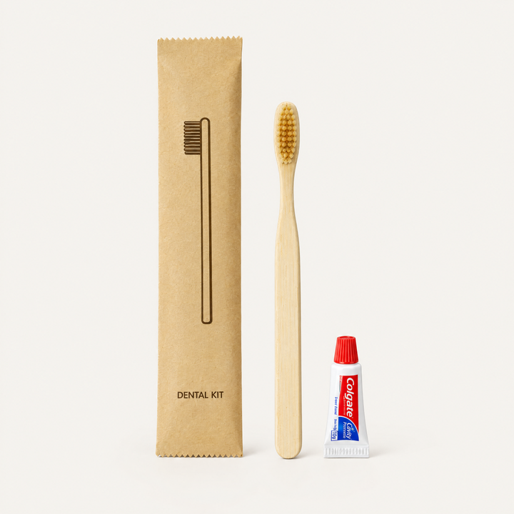 Kraft Paper Dental Kit with Bamboo Toothbrush and Colgate Toothpaste – Box of 500, studio photo