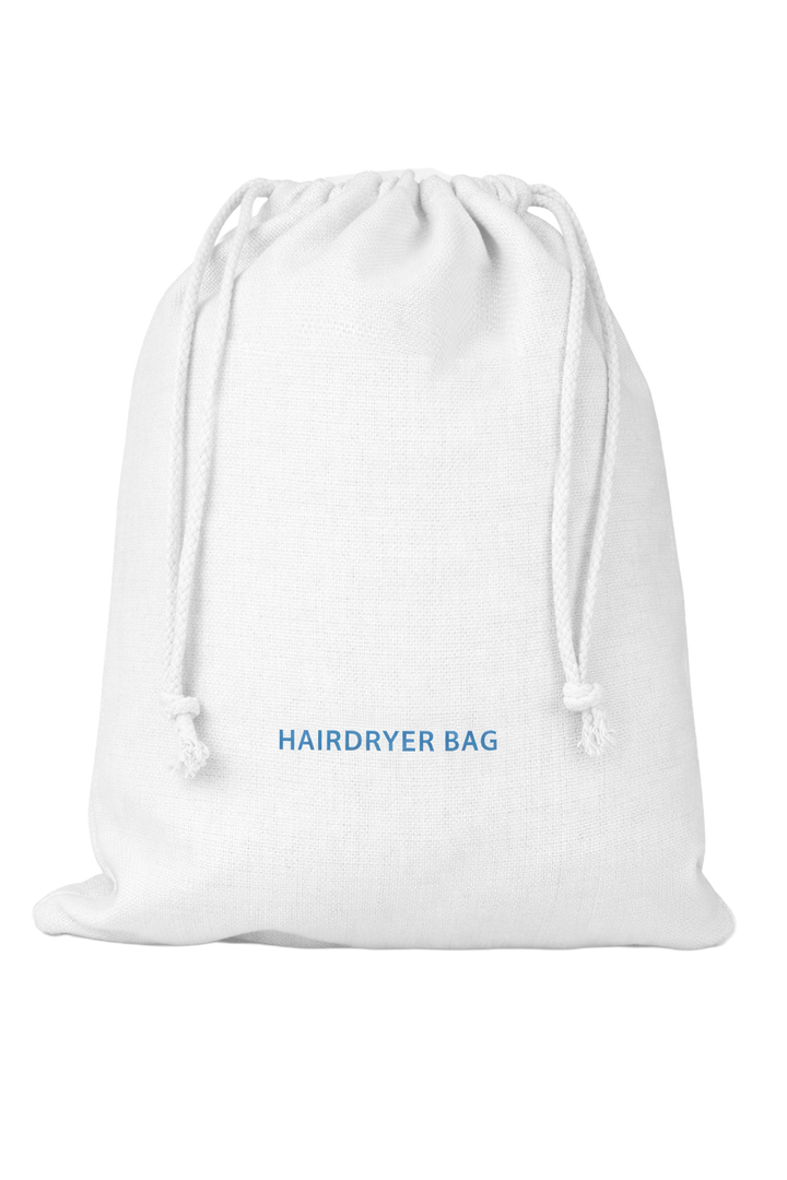 White bamboo hairdryer bag with blue “HAIRDRYER BAG” text and drawstring closure on a clean transparent background